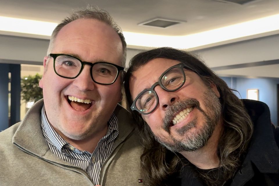 Kieran Healy pictured with Dave Grohl of The Foo Fighters in the Dingle Skellig Hotel on Saturday night.